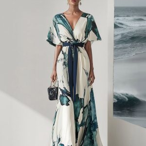 Printed V-Neck Elegant Maxi Dress
