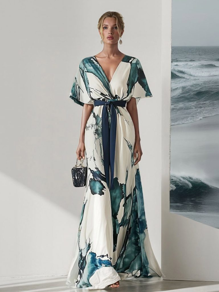 Printed V-Neck Elegant Maxi Dress