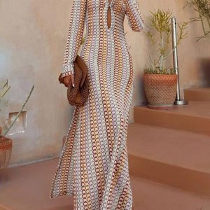 Striped Crochet Slit Casual Maxi Dress