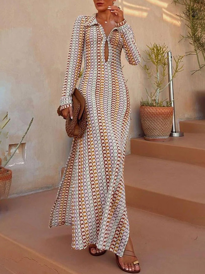 Striped Crochet Slit Casual Maxi Dress