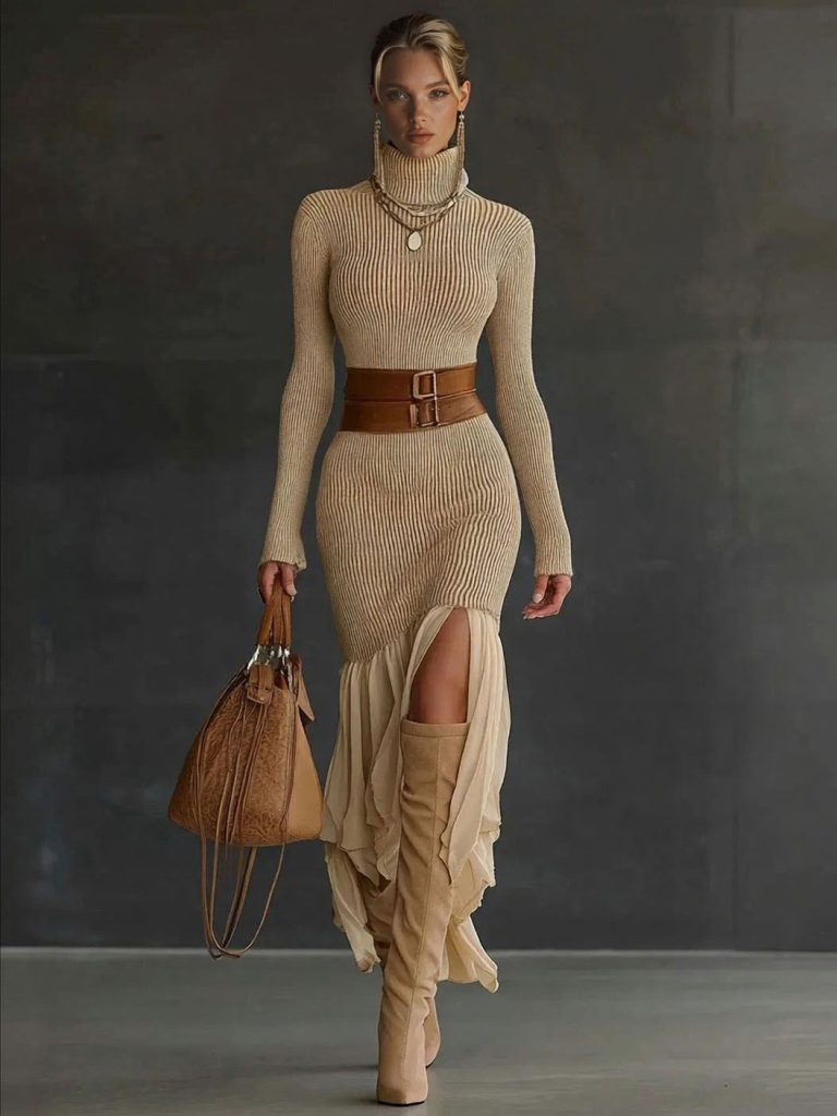 Knit Asymmetric Neck Elegant Midi Dress