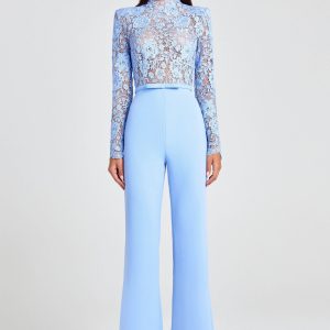 Floral Lace Patchwork Long Sleeve Flared Elegant Jumpsuit
