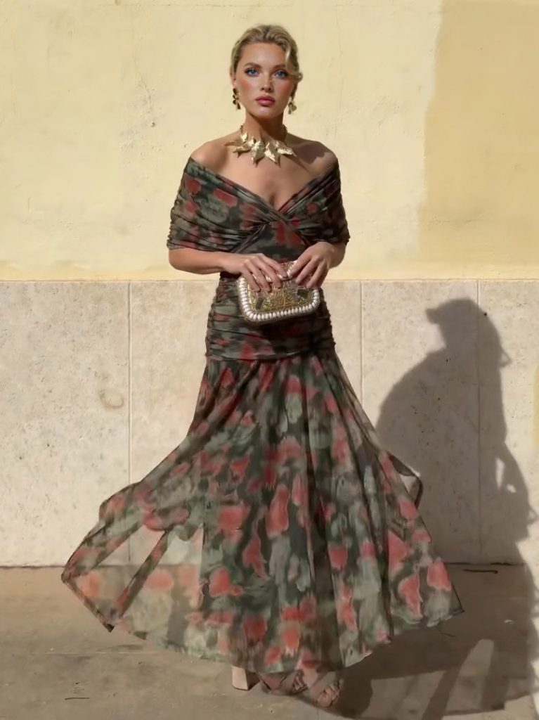Printed Mesh Elegant Maxi Dress
