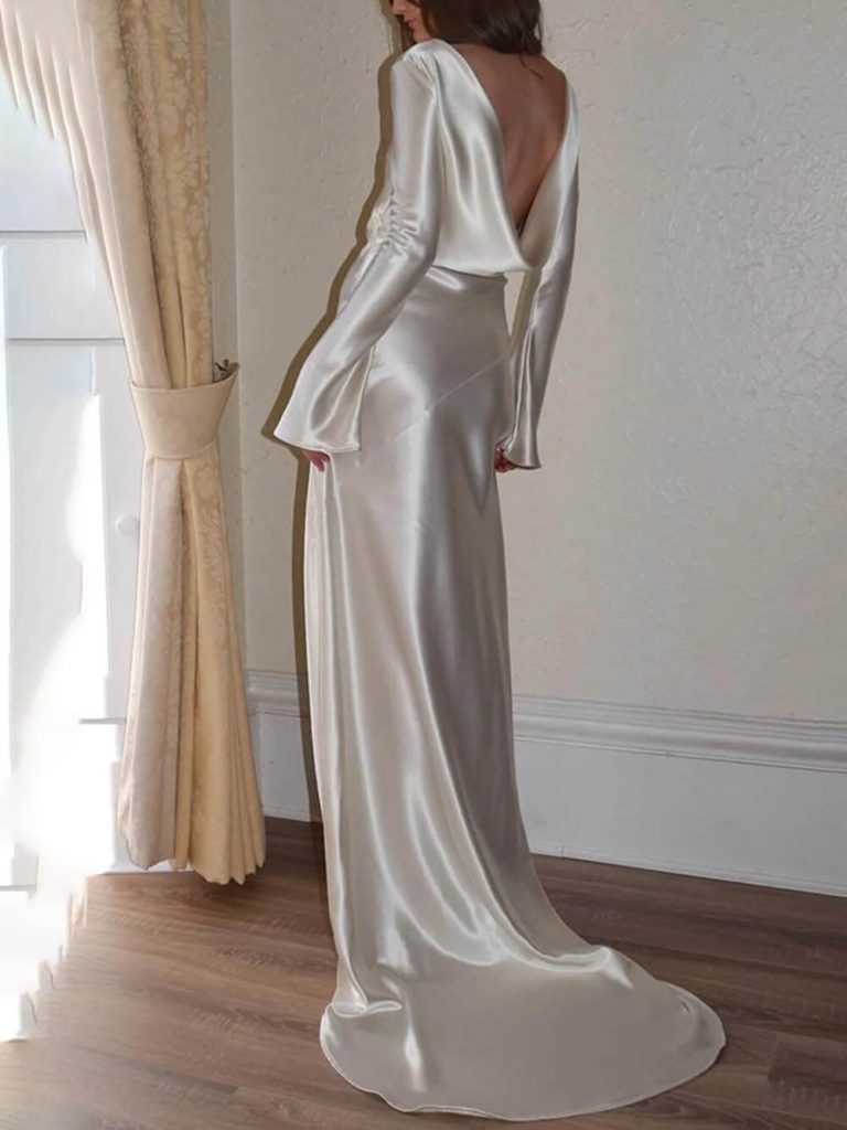 Satin Crew Neck Backless Elegant Maxi Dress