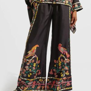 Printed Floral Satin High-Waisted Wide-Leg Pants