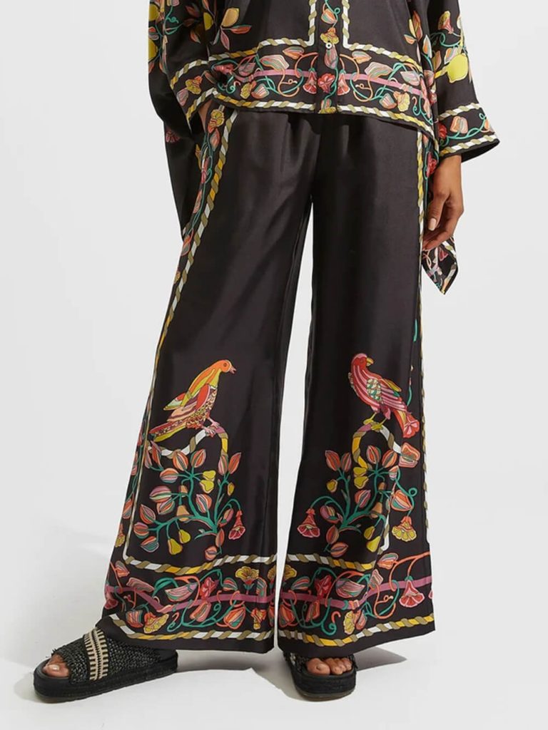 Printed Floral Satin High-Waisted Wide-Leg Pants